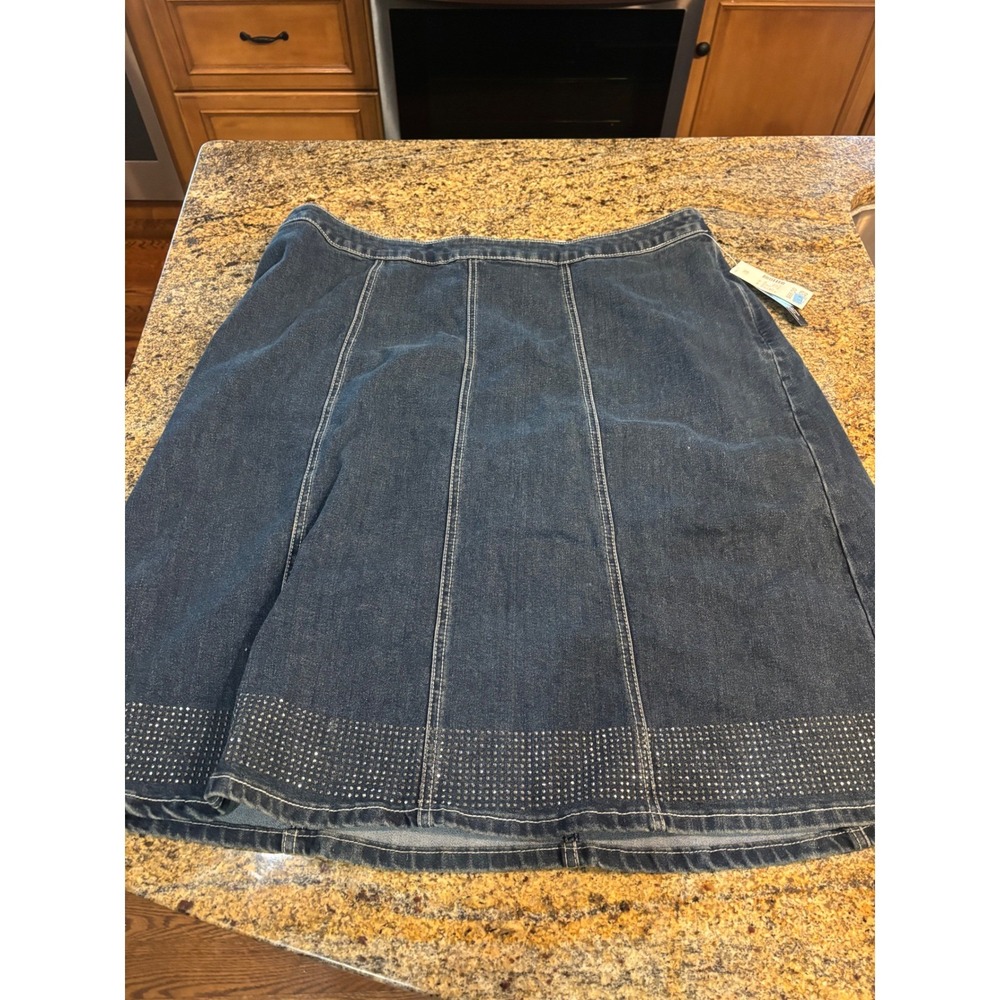 NWT Catherines Denim Skirt 1X Rhinestone Embellished A Line Stretch‎ Dark Wash